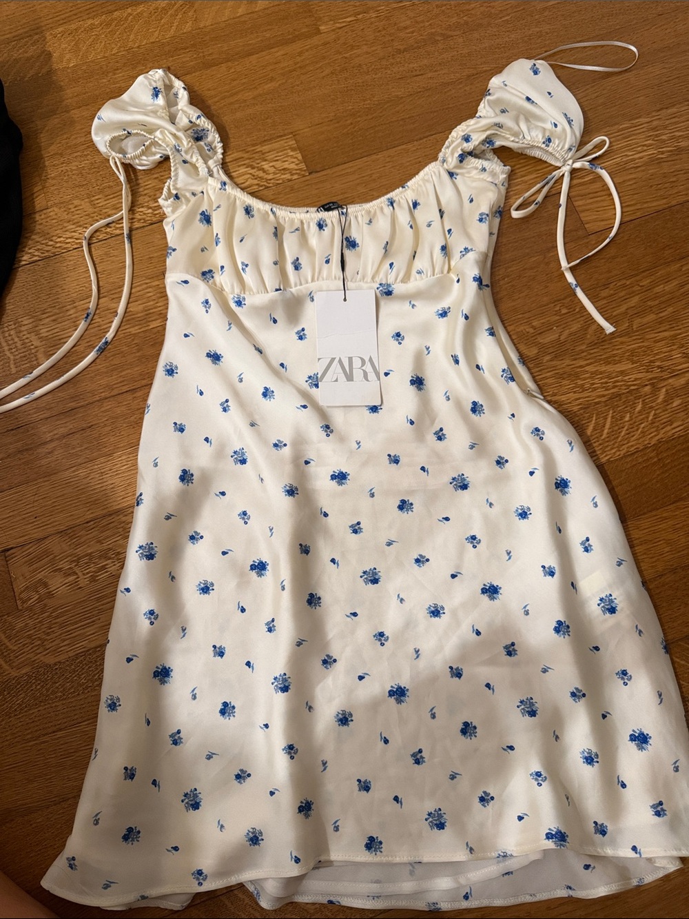 ZARA Cream Dress with Blue Floral Print and Ruched Tie Straps